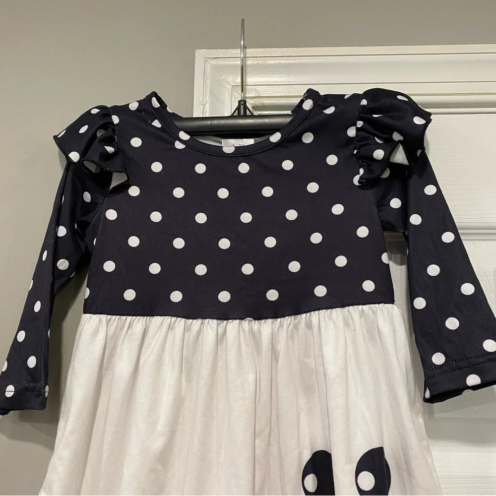 Toddler Girl 1- 2 Year Snowman Dress Ruffle Long Sleeve Polka Dot Black White